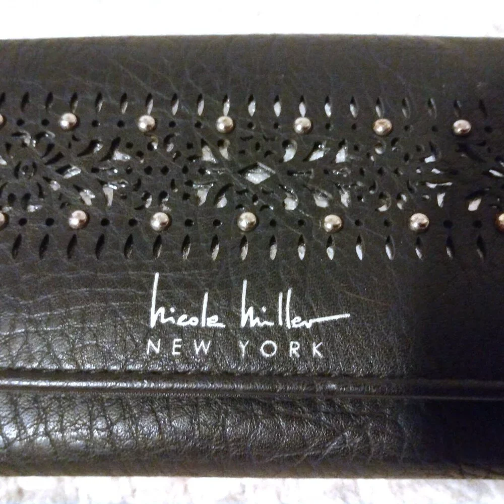 Nicole Miller Black Studded Cutout Trifold Wallet Boho Glam Y2K Edgy Boho Glam